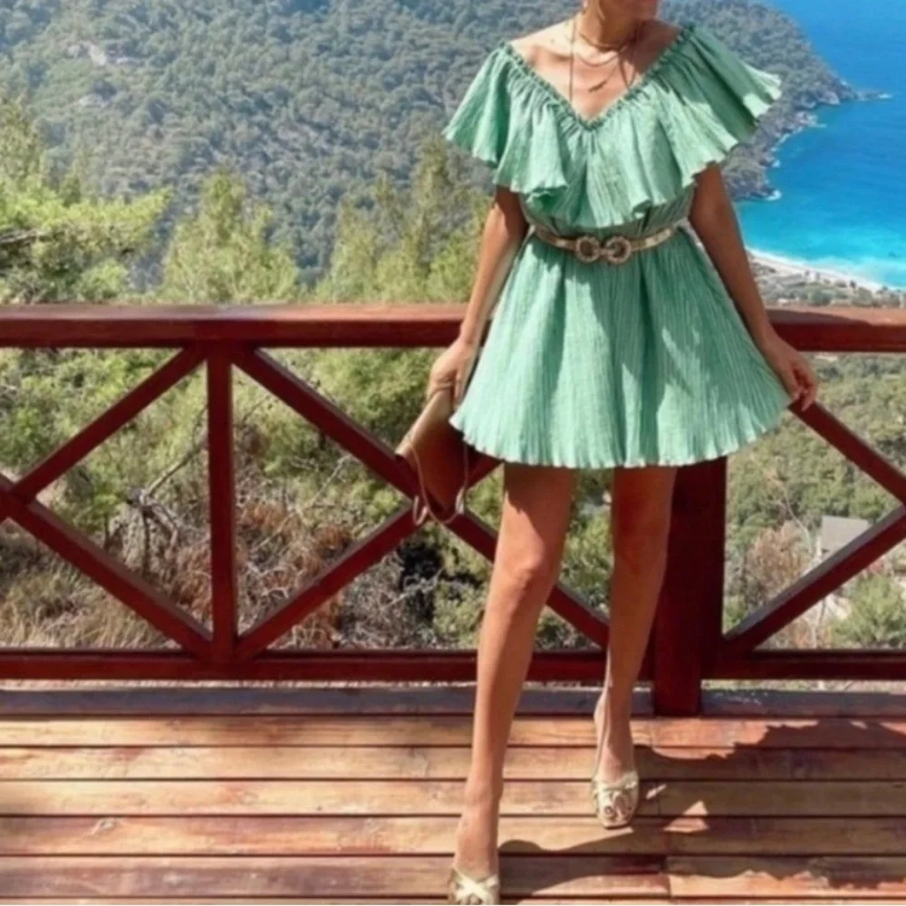 ZARA Woman’s Green Pleated Mini Dress - Picture 2 of 9